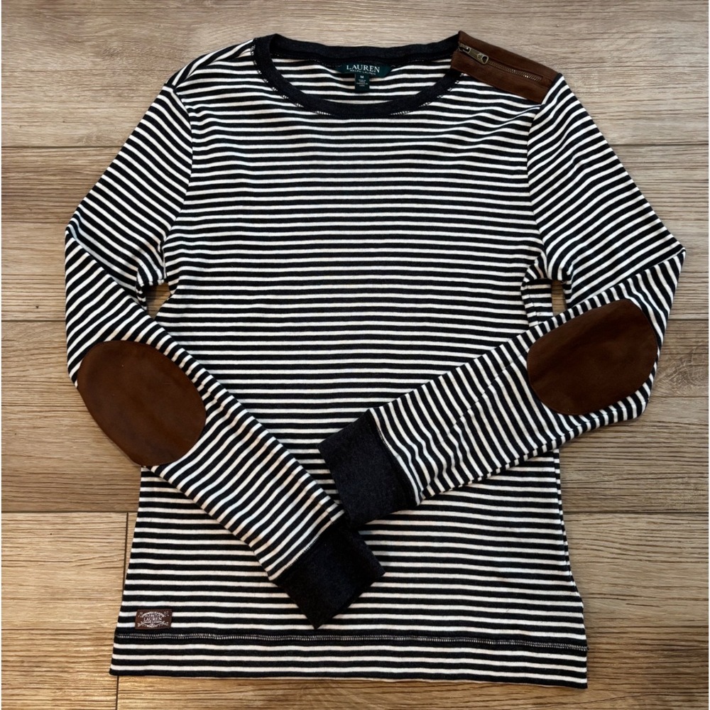 Lauren Ralph Lauren Striped Elbow Patch Top Black White Suede Zip Shoulder M
